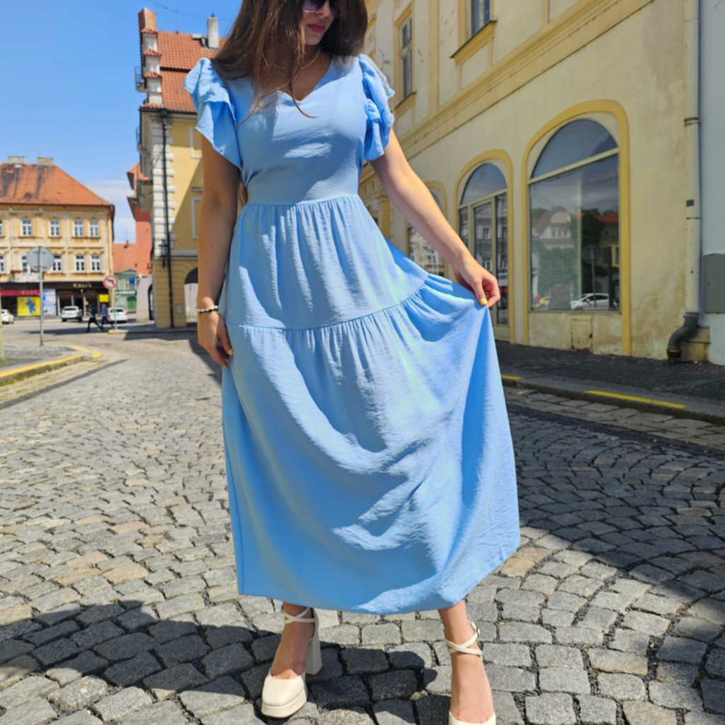 Dlouhé šaty LETOA se zavazování vzadu v pase světle modré+